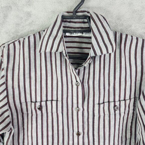 Womens Anne Klein II Linen Shirt Red Black Striped Button-Up Long Sleeve Size 4 - Picture 4 of 10